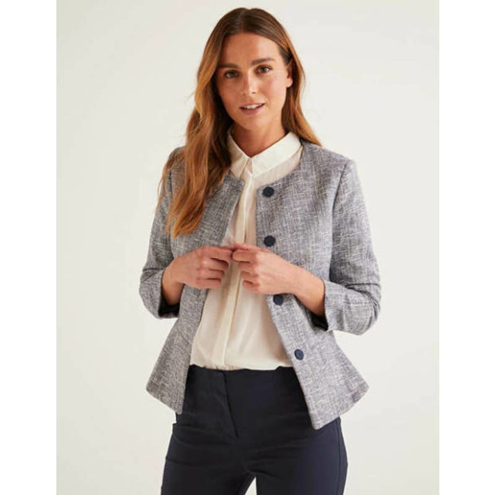 Boden Women's Navy Blue Polperro Jacket Peplum Hem Tweed Jacket Size 14